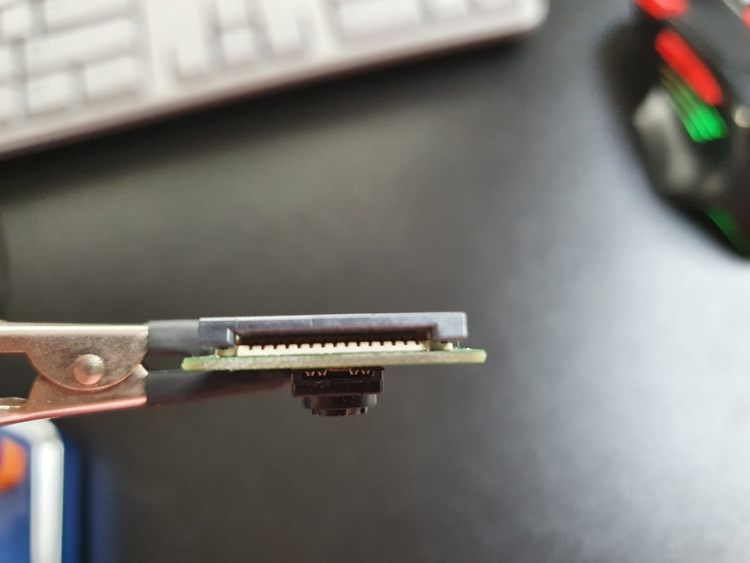 The Raspberry Pi V1.3 Camera board connector, notice the pins are on the side of the PCB (white part)